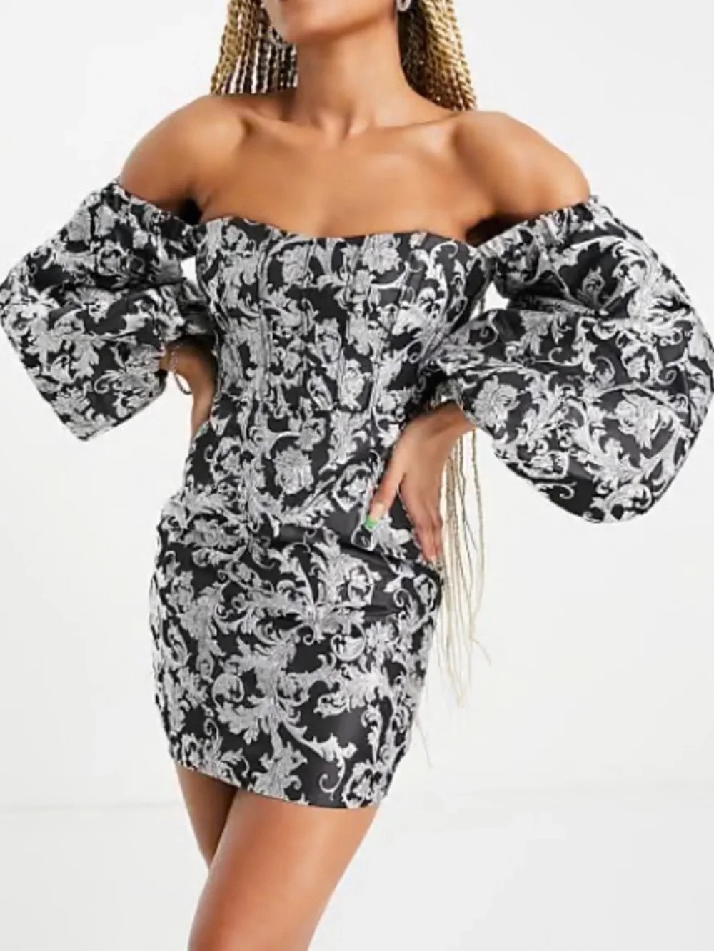 ASOS DESIGN super sleeve corset mini dress in silver & black jacquard